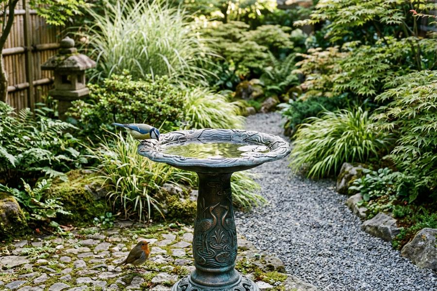 Cranes Birdbath in perennial border with dappled light