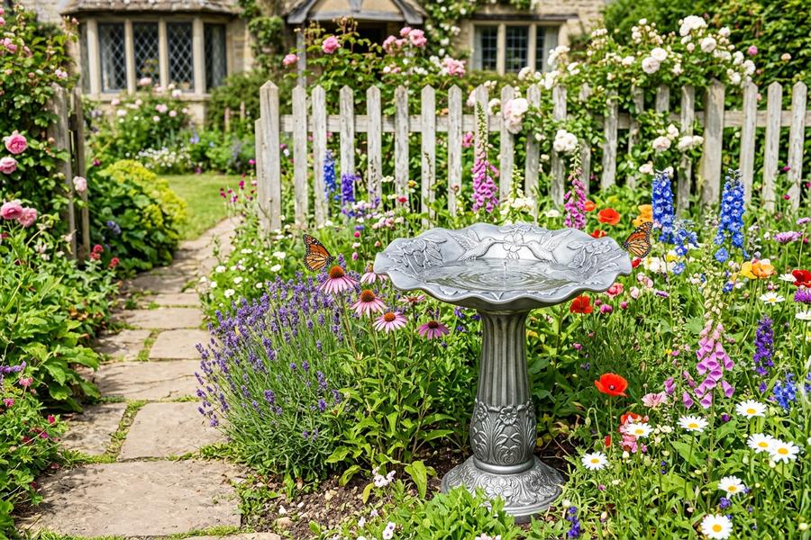 Hummingbird Birdbath in cottage garden