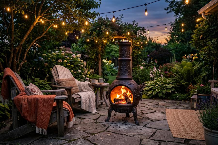 Elite Chimenea on evening patio with firelight