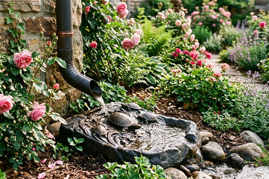Splash Block at downspout in front garden