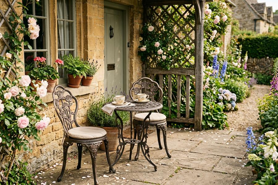 Rose Bistro Set on brick patio with climbing roses