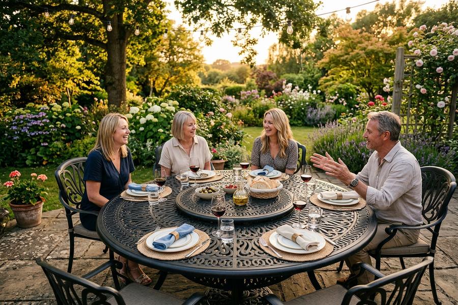 Round Dining Table set for dinner in garden