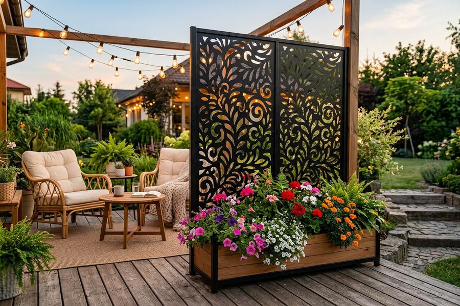 Privacy Screen as patio backdrop with flower box